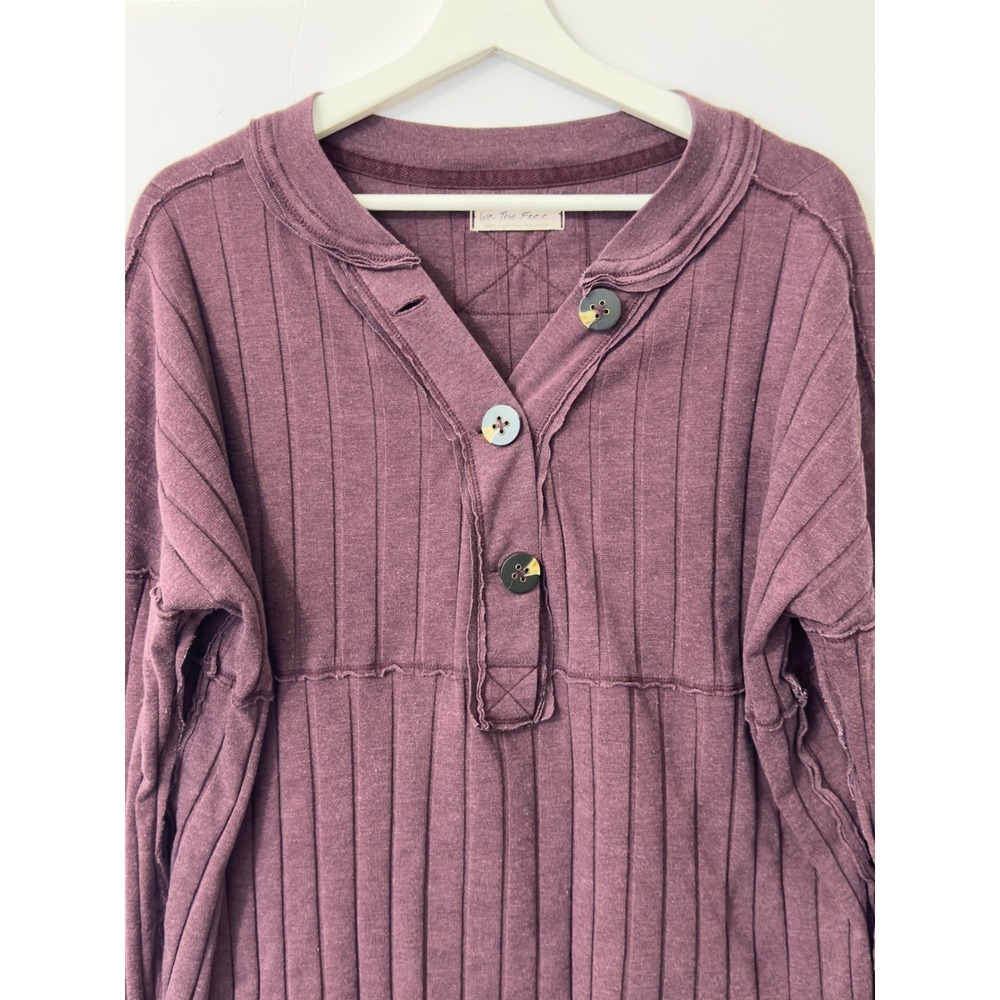 We The Free Womens Ribbed Henley Shirt Burgundy Long Sleeve Button Up Large Boho